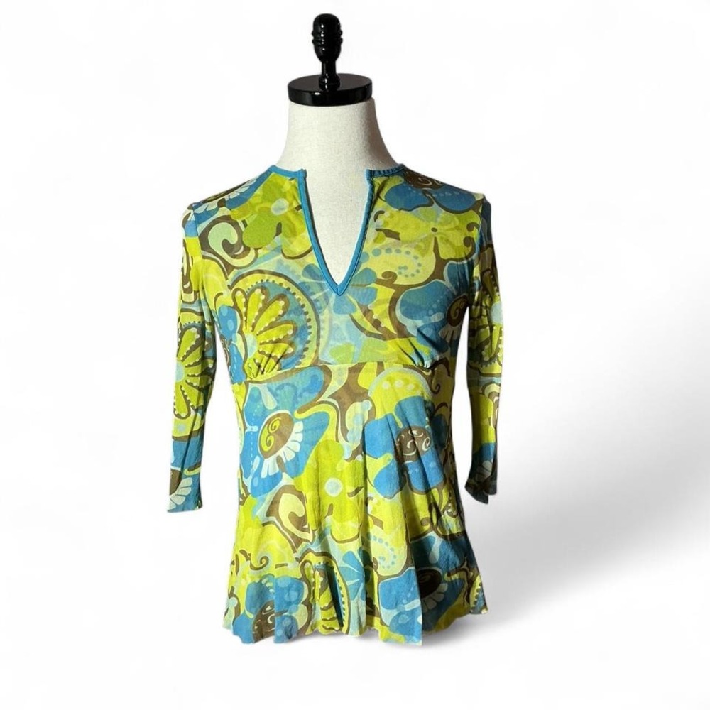 Vintage Style Floral Tunic Top Green Blue Psychedelic Empire Waist 3/4 Sleeve
